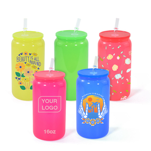 Blank Sublimation Neon Colored 16oz Glass <strong>Can</strong> <strong>Shaped</strong> Drinking Glass With Plastic Lid and Straw - Product Image 2