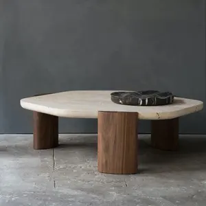 आधुनिक कमरे में रहने वाले फर्नीचर विला कॉफी टेबल ठोस लकड़ी के आधार पत्थर travertine कॉफी टेबल