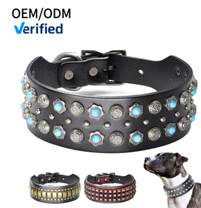 Collar de Cuero Genuino de Lujo para Perros Grandes, 2 Pulgadas de Ancho, con Diamantes y Púas, para Perros Medianos y Grandes, Ideal para <span class=keywords><strong>Pitbulls</strong></span> - Product Image 1