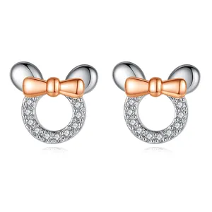 Set Anting-Anting Minnie Wanita, Mode Lucu Mickey Kartun Mawar Emas dan Zirkon Perhiasan Cinta Impian Anting-Anting Kancing