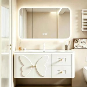 Pink French-style ceramic integrated <b>bathroom</b> sink smart butterfly mirror wall-mounted <b>bathroom</b> <b>vanity</b> - Product Image 4