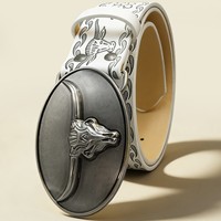 Ceinture pour Homme Style Western, Boucle Ovale Tête de Taureau, Imprimé Floral, Sangle en PU, Accessoire Rétro Style Cowboy