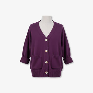 Cardigan en maille torsadée à 4 boutons, col en V, couleur unie, 100 % acrylique, anti-plis, pour femme, avec poches, style décontracté, fabriqué au Vietnam - Product Image 1