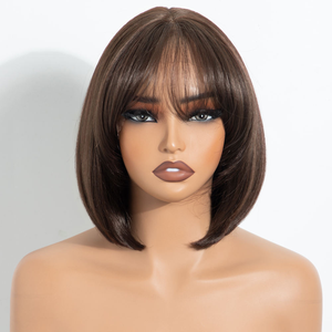 Peluca de Cabello Chino con Cierre de Encaje 4x4, Color Castaño Oscuro, Corte <span class=keywords><strong>Bob</strong></span> Recto y Corto, con Flequillo, Densidad 150%, Encaje Transparente, Ideal para Principiantes - Product Image 4