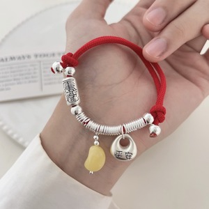 999 Pure Silver <b>Red</b> Rope Charm <b>Bracelet</b> With Natural Stone Pendant For Good Luck And Peace Unisex Everyday Wear - Product Image 1