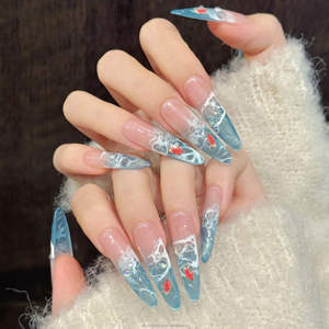 Uñas postizas de gel azul claro con efecto de onda de agua y ojo de gato, estilo stiletto largo, de presión, para manicura artificial. - Product Image 3