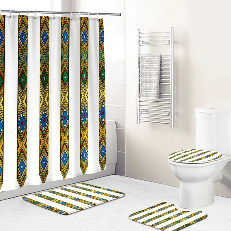 Wholesale Waterproof 4 Piece Bathroom Set Wth Shower Curtain N Rugs Striped Shower Curtain Bathroom Accessory Shower Room Modern