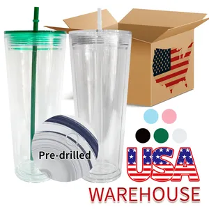 Usa Magazijn Gevuld 24Oz Heldere Mix Kleuren Dubbele Muur Sneeuwbol Plastic Acryl Tumbler Water Cup Met Voorgeboorde Gat