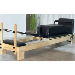 Wooden Pilates Reformer Metal Post Frame Adjustable Locking Wheel Position Core Bed Wooden Pilates Reformer