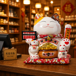 Prêt à être expédié - Chat porte-bonheur en <span class=keywords><strong>porcelaine</strong></span> de 11 pouces - <span class=keywords><strong>Maneki</strong></span> <span class=keywords><strong>Neko</strong></span> - Feng Shui - Cadeau d'affaires - Souvenir du Nouvel An chinois - Figurine - Product Image 1
