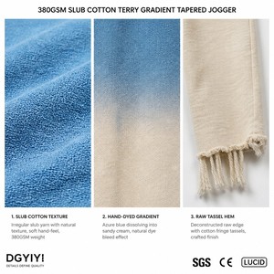 Pantalon de jogging fuselé en coton slub 380 GSM pour femme, dégradé, teint à la main, couleur azur ombré, avec ourlet à franges, style Riviera, OEM XS-5XL - Product Image 2