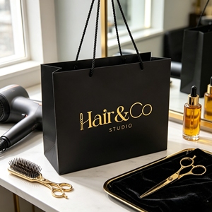 Bolsas de regalo de papel negro personalizadas de lujo con logo en lámina dorada, bolsas de compras para minoristas, para empaquetar productos de belleza y peluquería. - Product Image 1