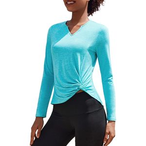 PinSpark Haut de yoga à manches longues et col en V pour femme, avec torsion sur le devant, anti-transpiration, pour l'entraînement - Product Image 1
