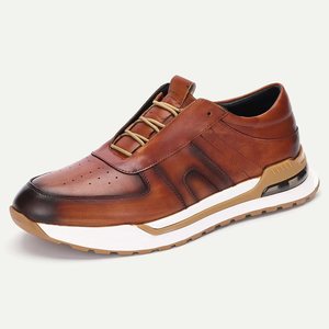 Men's Genuine Leather Walking Shoes <b>Round</b> Toe Lace-up <b>Cushioned</b> Rubber Outsole Solid Color Style - Product Image 1