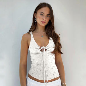 <b>Women</b> Hollow Texture Drawstring Bow Cami <b>Top</b> Slim Fit Sleeveless <b>Vest</b> V Neck Tie Front Solid Color Fashion <b>Top</b> - Product Image 4