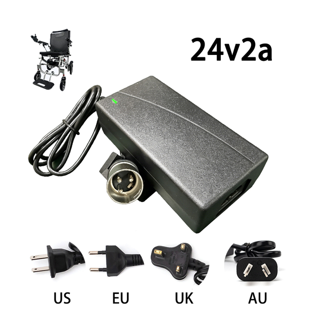 24V 2A XLR 3 Pin Male Charger for Electric Wheelchair Garden Lawn Mower Li-ion Battery Power Adapter with Fan EU Plug