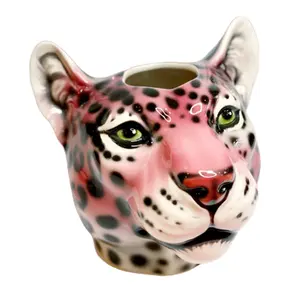 Custom Ceramic Leopard Head Flower Vase for Home Decor Pink Leopard Flower Pot Creative Animal Head Planter