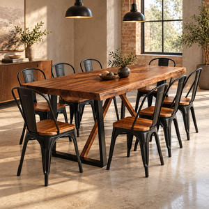 Modern Walnut <b>Dining</b> Table Set with 9-Piece Solid Back Powder Coated Steel <b>Chairs</b> for Home <b>Dining</b> Cafes & Restaurants - Product Image 1