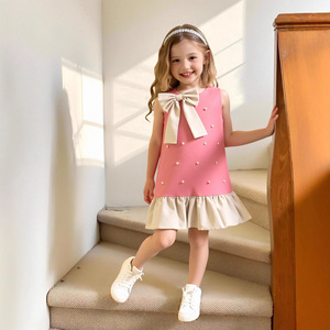Nouvelle Collection 2026 : Robe d'été décontractée sans manches pour filles, col rond, ornée de perles et d'un nœud, coupe trapèze - Product Image 2