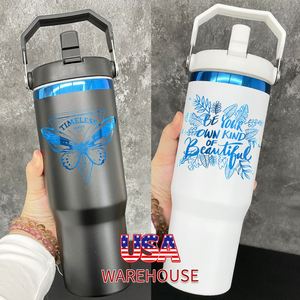 Vaso Térmico de Acero Inoxidable de 30 oz con Logotipo Personalizado, Recubrimiento Azul, Pajita Abatible y Asa, para Bebidas Frías, Apto para Grabado Láser - Product Image 3