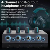 Amplificateur de casque professionnel mini 4 canaux noir avec boîtier métallique, entrée ligne et adaptateur d'alimentation externe pour usage domestique/club