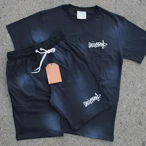 T-Shirt di alta qualità Vintage in difficoltà T-Shirt con Logo personalizzato produttore di abbigliamento stampa a sbuffo con acido lavato T-Shirt Set di pantaloncini in bianco