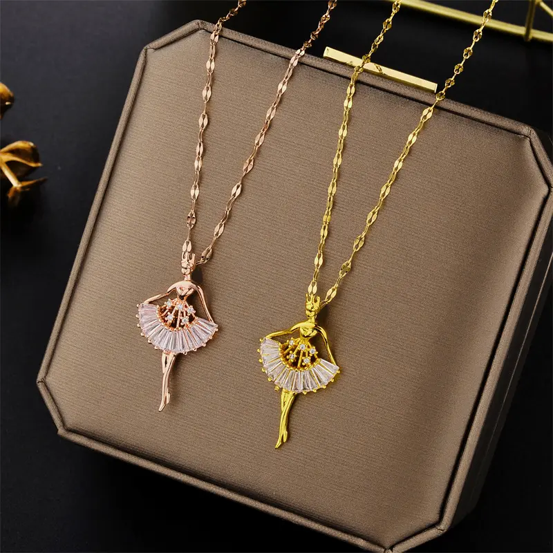 High quality gold plated stainless steel Ballet Girl necklace jewelry luxury bling zircon dancing necklace for women