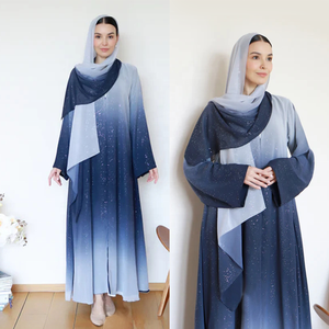 2024 khiêm tốn sang trọng Dubai abaya Thổ Nhĩ Kỳ phụ nữ hồi giáo váy long lanh Voan Kimono TIE DYE najma Ombre abaya phù hợp với khăn trùm đầu Bộ - Product Image 3