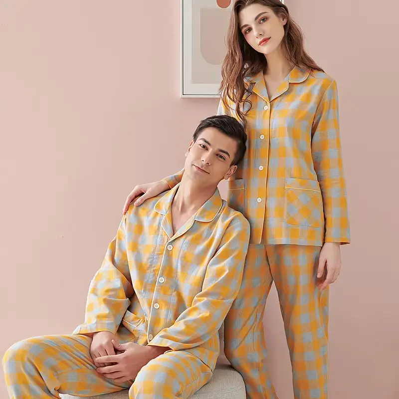 Haute Qualité Plaid Coton Biologique Salon Wear Ensembles Couple Plus Size Pyjamas