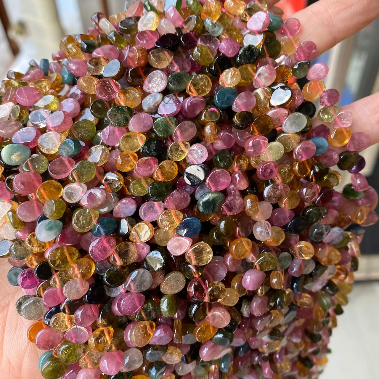 Brin de perles en Tourmaline colorées, gouttes d'eau, fabrication de bijoux, 15.5 ", en forme de gouttes plates, vente en gros