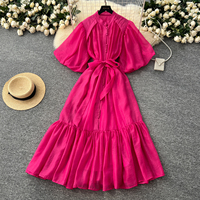 Robe longue décontractée élégante pour femme, coupe trapèze, manches bouffantes, ceinture, col montant, boutons décoratifs, ourlet à volants, pour le quotidien et les vacances