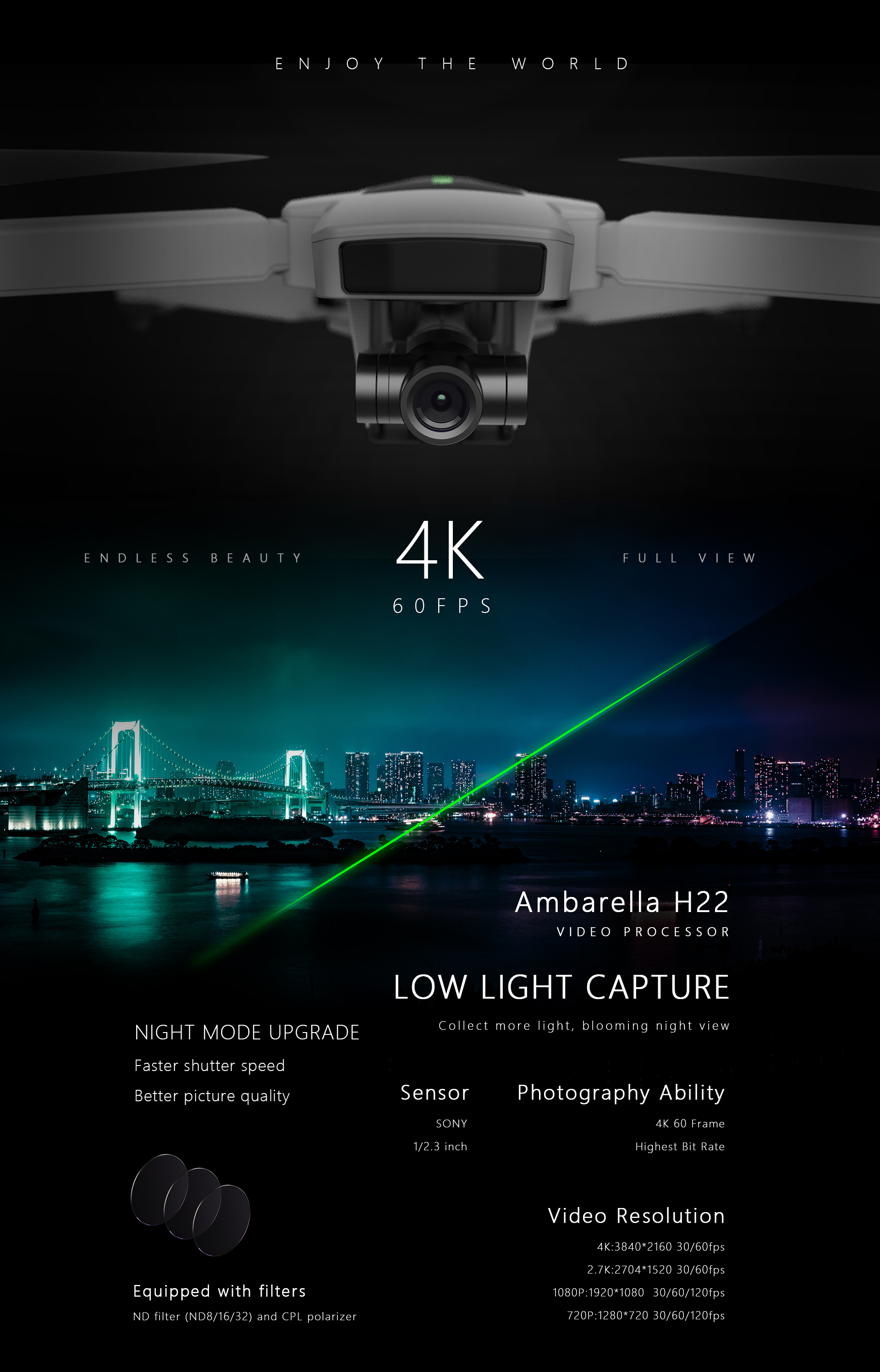 Hubsan Zino 2 Plus Drone, Tiltable Angle 25 degrees (normal mode); 35 degrees (sports mode) T