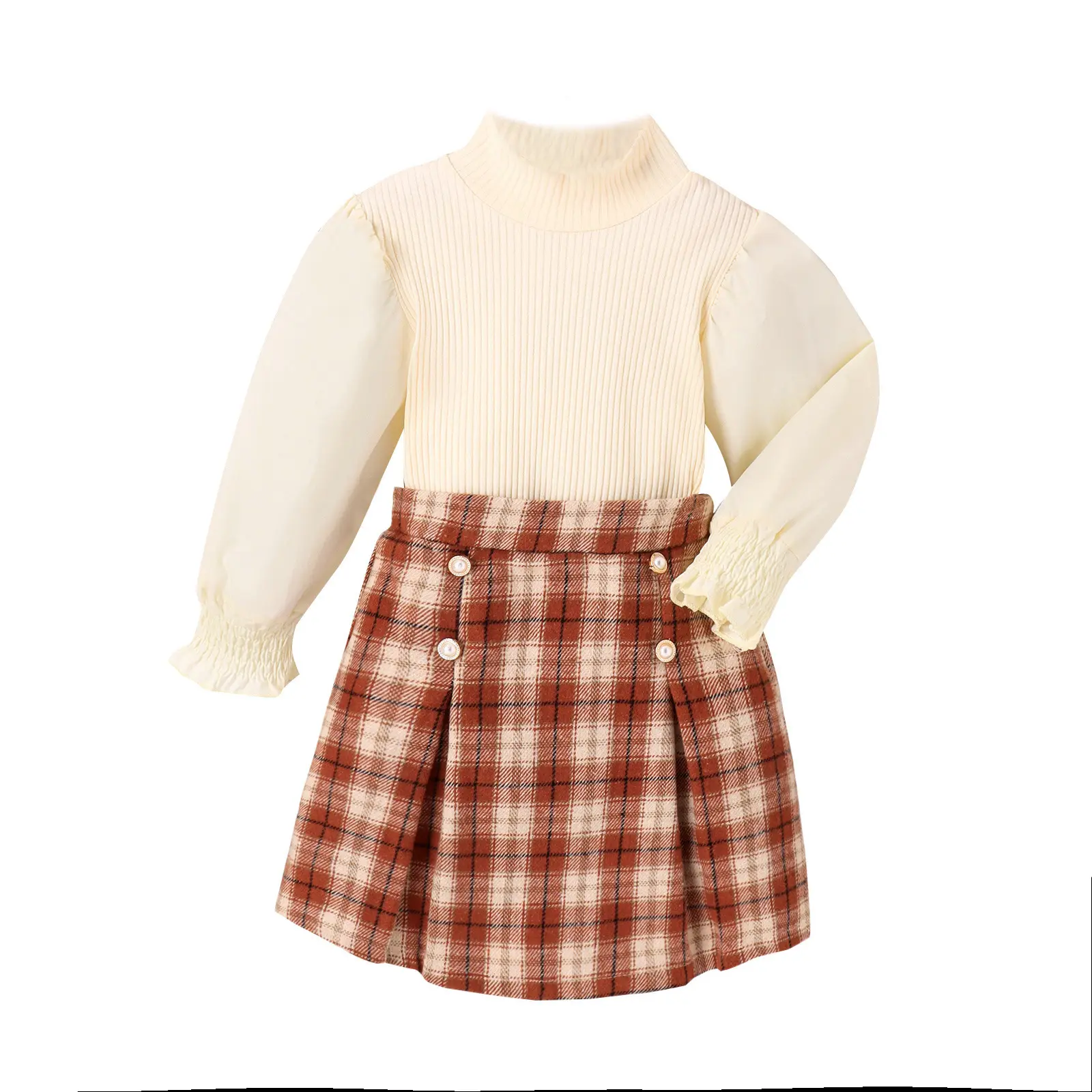 Children's Girls' Clothing Set High Neck Long Sleeve Top+Checkered Half Skirt Set Children's Autumn and Winter Clothing