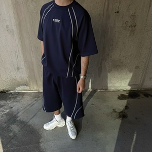 Custom Wholesale Cotton Streetwear <b>Y2K</b> Contrast Stitching Embroidered Logo T <b>Shirt</b> and Shorts Men's Tracksuit Set - Product Image 3