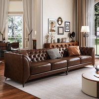 Canapé trois places en cuir véritable ciré à l'huile de style américain, cuir de vachette de première qualité, salon, petit appartement, droit, marron, bouton, 2024