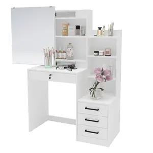 Factory Price White Makeup Vanities with Large Sliding Mirror Elegant Design Dressing Table Bedroom Cabinet Makeup Table