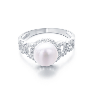 Bague de fiançailles KAMMY 8,5-9 mm tendance en argent 925 avec serti griffe géométrique et perle d'eau douce blanche de qualité AAA - Product Image 1
