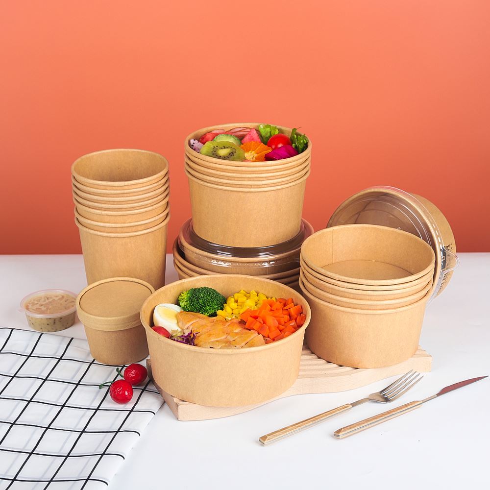 Factory Customization Disposable Kraft Paper Plate Bowl Take Away Salad Bowl PET Lid 16oz Lunch Soup Bowls Embossing Food Grade