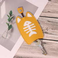 Porte-clés en cuir PU motif chat de dessin animé mignon, étui de protection portable pour clés avec design extractible motif arête de poisson pour usage quotidien