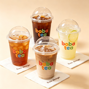 Vasos de Plástico Transparentes Desechables para Bebidas Frías Boba Tea Uv con Logotipo Personalizado Impreso, de 8oz, 12oz y 16oz, en PLA, PET y PP, con Tapas Planas para Beber - Product Image 1