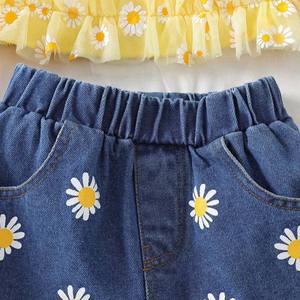 4-7T <span class=keywords><strong>abbigliamento</strong></span> per bambini Daisy completo stampato giallo maglia elasticizzata pantaloncini in Denim 2 pz Set per ragazze dolce <span class=keywords><strong>abbigliamento</strong></span> per bambini all'ingrosso - Product Image 5
