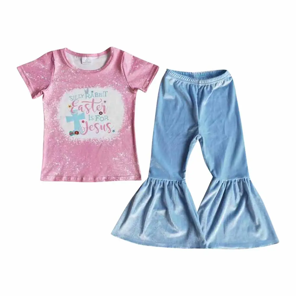 Factory Price Easter Newborn Girls Outfit Sets Silly Rabbit Letter Bleached Print Pink Round Neck Short Sleeve Blue Pants