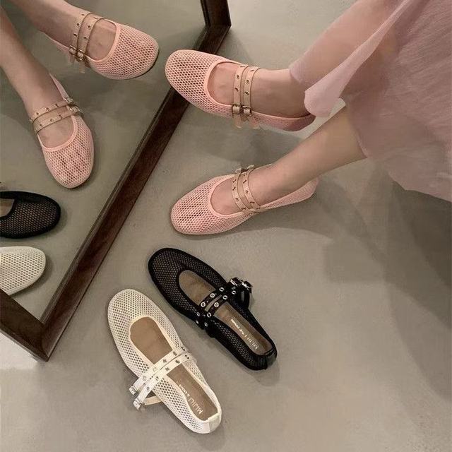 Cross-border Summer Large Size Mary Jane Ballet Flats Breathable Soft Bottom Double Buckle Mesh Single-layer Shoes Women's