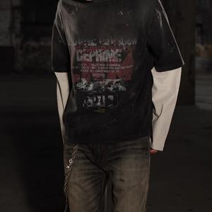 T-shirt à manches longues à deux panneaux, vintage, délavé, personnalisé, faible MOQ - Product Image 1