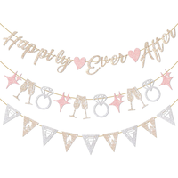 Set Spanduk Happily Ever After, Dekorasi Pernikahan Pink Gold dengan Cincin Berlian & Gelas Sampanye untuk Bridal Shower, Pesta Pertunangan