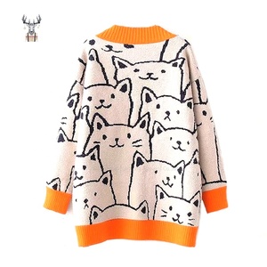 Nanteng Op Maat 100% Katoen Houd Warme Varsity-Stijl Schattig Cartoon Kattenpatroon Anti Rimpel V-Hals Damesvest Trui - Product Image 2