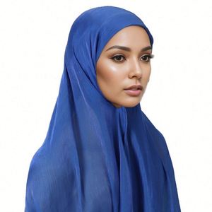 Châle islamique pour femme en mousseline froissée, foulard de tête, écharpes musulmanes, châle hijab instantané en mousseline effet soie avec bonnet - Product Image 3