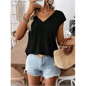 Blusa de chifón transpirable para mujer, elegante y casual, con lazo en la espalda, sin mangas, cuello en V, asimétrica, de verano - Product Image 3