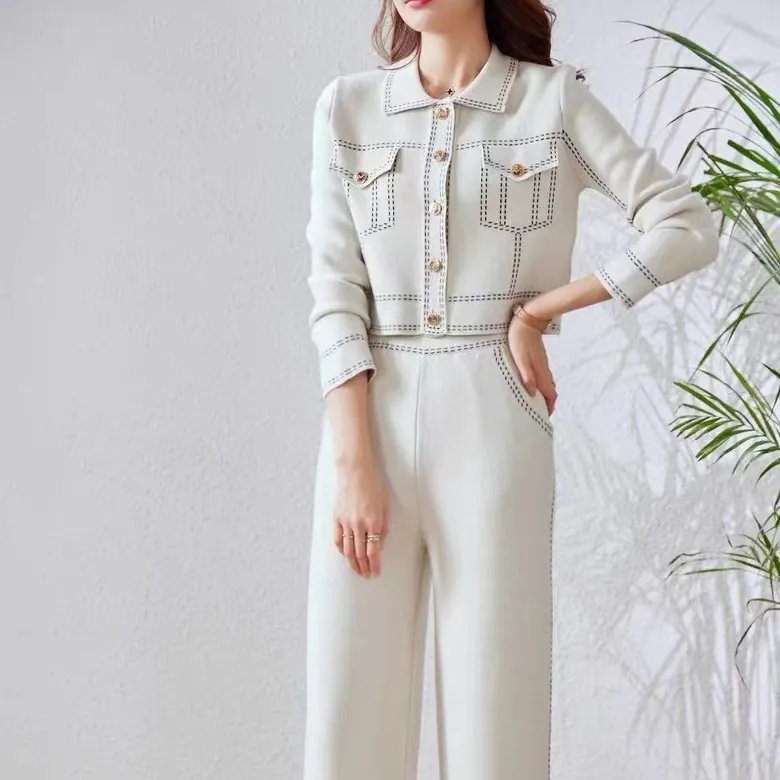 2023 Luxury Chic Casual 2 Piece Women Knitted Crop Cardigan Skirt Set Korea Outfit