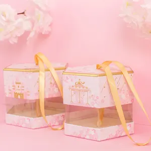 Box Printing Cherry Blossoms Paper Polygon Transparent Hexagonal Cardboard Gift Paper Packaging Box With Window